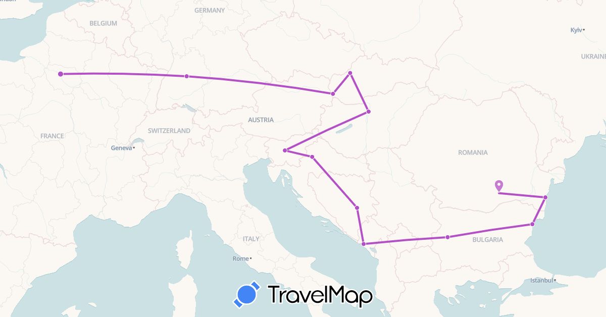 TravelMap itinerary: train in Bosnia and Herzegovina, Bulgaria, Germany, France, Croatia, Hungary, Montenegro, Romania, Slovenia, Slovakia (Europe)